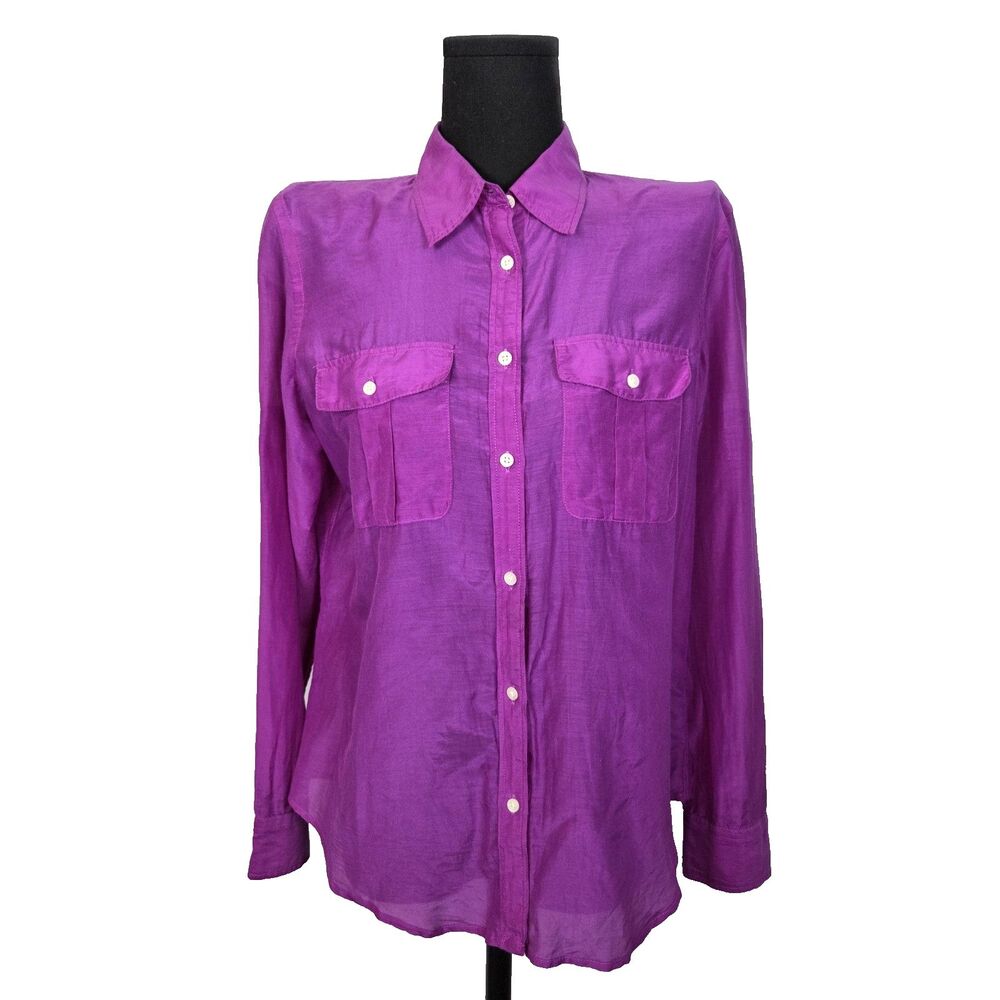 Lauren Ralph Lauren Button Up Shirt Women Large Purple Cotton Silk Utility Light